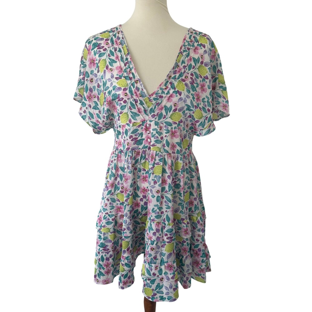 BTFL-life Lemon Floral Mini Dress White‎ Pink Green V-Neck Open Back Size L